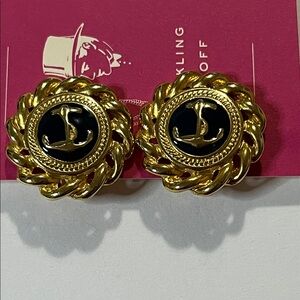 Vintage Gold and Black Twisted Rope Medallion Earrings